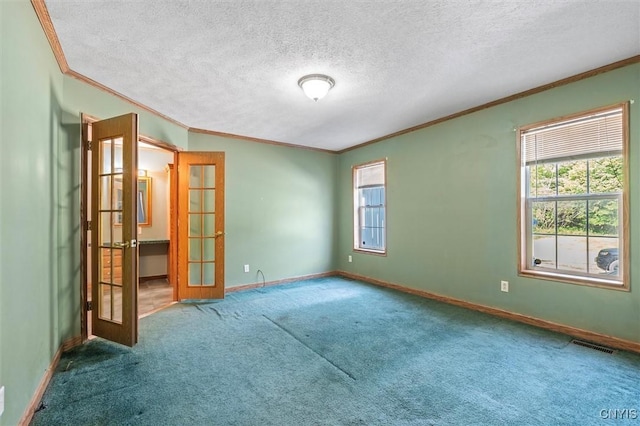 6669 Rottamore Rd, Stockbridge, NY 13409 - carpeted empty room featuring ornamental molding, french doors, baseboards, and a textured ceiling