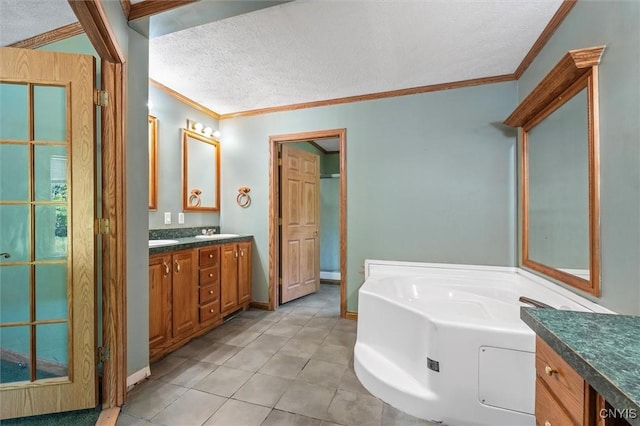 6669 Rottamore Rd, Stockbridge, NY 13409 - full bathroom with crown molding, vanity, a textured ceiling, a bath, and tile patterned flooring