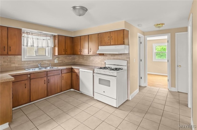 51 N Seine Dr Unit 1 & 2, Cheektowaga, NY 14227 - kitchen with white appliances, under cabinet range hood, a sink, and light tile patterned floors