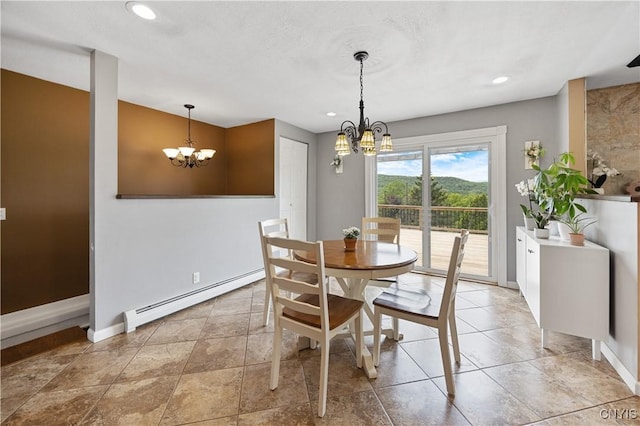 3477 Mcclary Rd, Lafayette, NY 13084 - dining area featuring a chandelier, a baseboard radiator, baseboards, and recessed lighting