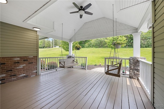 3477 Mcclary Rd, Lafayette, NY 13084 - wooden porch featuring a lawn and ceiling fan