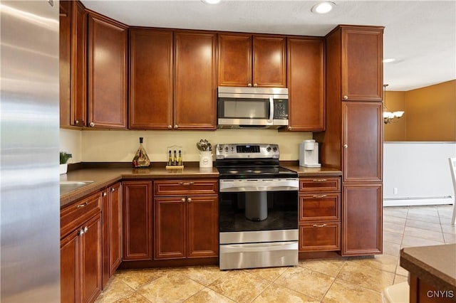 3477 Mcclary Rd, Lafayette, NY 13084 - kitchen with stainless steel appliances, a baseboard radiator, dark countertops, dark brown cabinets, and a chandelier