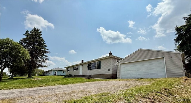 3394 Pike Rd, Alexander, NY 14020 - single story home with a garage, a front yard, and a chimney
