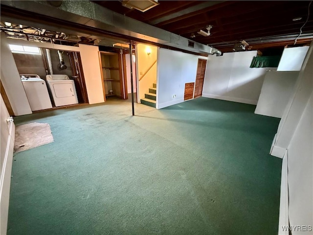 3394 Pike Rd, Alexander, NY 14020 - below grade area featuring carpet, stairs, washer and clothes dryer, and baseboards