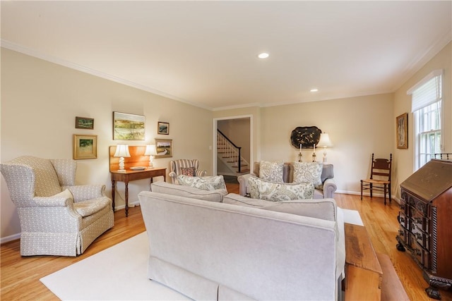 307 Allens Creek Rd, Brighton, NY 14618 - living room with stairway, crown molding, wood finished floors, baseboards, and recessed lighting