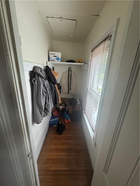 94 Lorimer St, Rochester, NY 14608 - washroom with wood finished floors and attic access