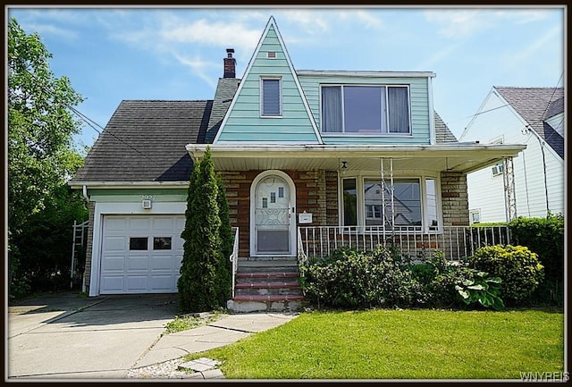2927 S Ave, Niagara Falls, NY 14305 - view of front of house with a garage, covered porch, concrete driveway, a chimney, and a front yard