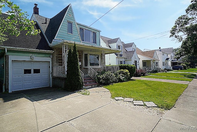 2927 S Ave, Niagara Falls, NY 14305 - view of front of house featuring covered porch, concrete driveway, a residential view, a front yard, and an attached garage