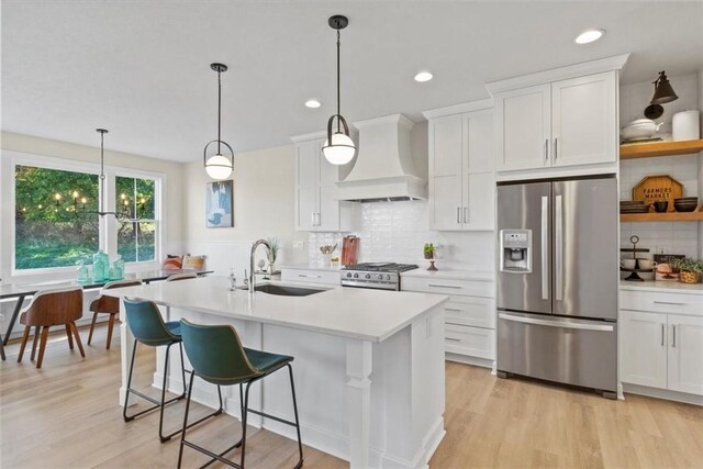 96 Chase Meadow Trl, Mendon, NY 14472 - kitchen with appliances with stainless steel finishes, premium range hood, a sink, backsplash, and light countertops