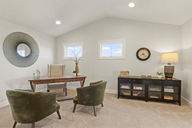 96 Chase Meadow Trl, Mendon, NY 14472 - office area with baseboards, vaulted ceiling, carpet flooring, and recessed lighting
