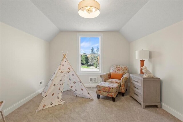 96 Chase Meadow Trl, Mendon, NY 14472 - rec room with baseboards, lofted ceiling, and carpet flooring