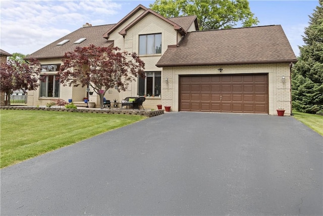 106 Shingle Landing Dr, Irondequoit, NY 14609 - view of front of property with brick siding, asphalt driveway, a garage, a front lawn, and roof with shingles