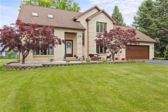 106 Shingle Landing Dr, Irondequoit, NY 14609 - tri-level home featuring brick siding, driveway, an attached garage, and a front yard