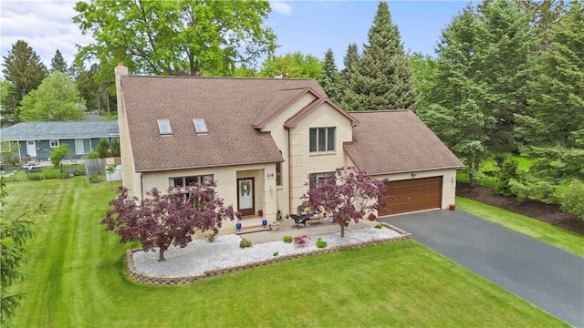 106 Shingle Landing Dr, Irondequoit, NY 14609 - view of front of property featuring a garage, a front lawn, driveway, a chimney, and a shingled roof