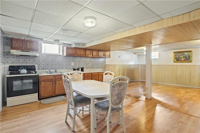 106 Shingle Landing Dr, Irondequoit, NY 14609 - dining room with light wood-type flooring, a paneled ceiling, and wainscoting