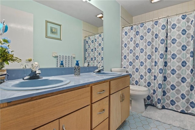 106 Shingle Landing Dr, Irondequoit, NY 14609 - full bathroom with double vanity, toilet, tile patterned flooring, and a shower with curtain