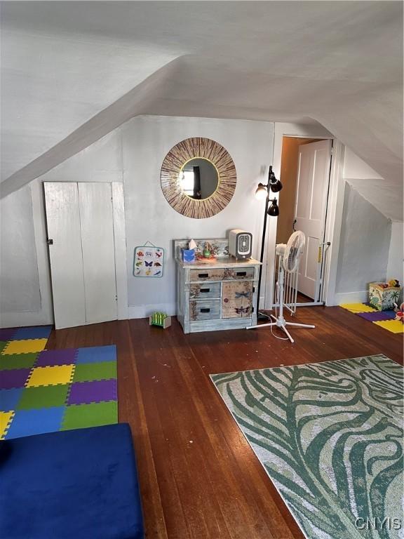 28 Payne St, Hamilton, NY 13346 - recreation room featuring wood-type flooring, vaulted ceiling, and baseboards