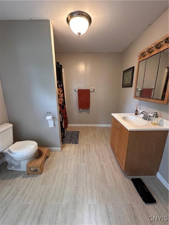 28 Payne St, Hamilton, NY 13346 - bathroom featuring toilet, wood finished floors, vanity, and baseboards
