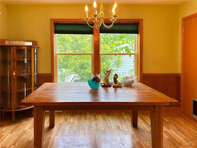 7554 Camroden Rd, Floyd, NY 13440 - dining area featuring a chandelier, plenty of natural light, wainscoting, wood finished floors, and wood walls