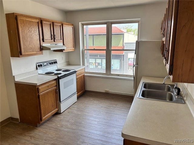 639 17th St, Niagara Falls, NY 14301 - kitchen with white electric range oven, under cabinet range hood, a sink, light wood-style floors, and brown cabinets