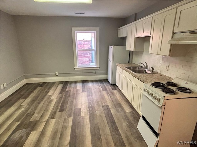 639 17th St, Niagara Falls, NY 14301 - kitchen with white appliances, a sink, under cabinet range hood, tasteful backsplash, and dark wood-style floors