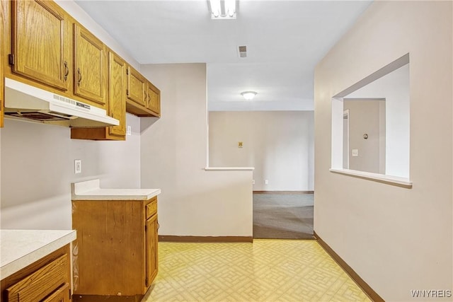 639 17th St, Niagara Falls, NY 14301 - kitchen with under cabinet range hood, light countertops, light floors, brown cabinetry, and baseboards
