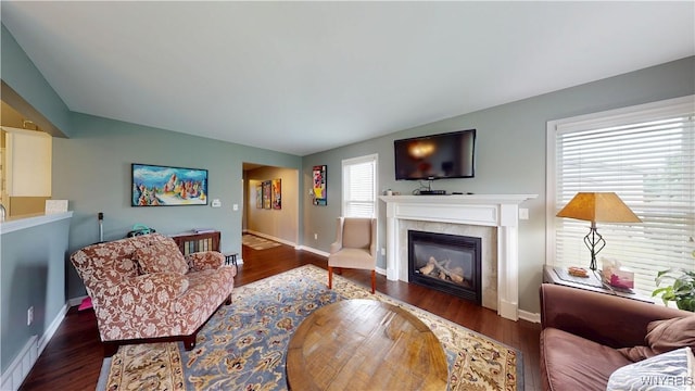 41 Brocton Dr, Lancaster, NY 14086 - living area with wood finished floors, a glass covered fireplace, and baseboards