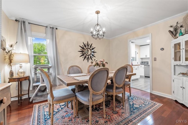 101 Doll Pkwy, Syracuse, NY 13214 - dining room with a chandelier, dark wood finished floors, crown molding, and baseboards