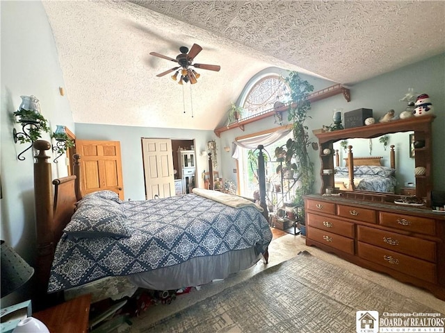 9983 Deer Creek Rd, Genesee, NY 14770 - bedroom with a textured ceiling, vaulted ceiling, and ceiling fan