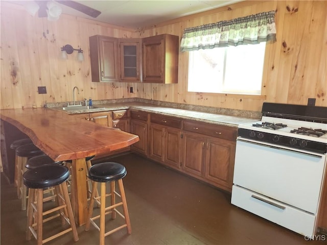 381 French Rd, Morehouse, NY 13324 - kitchen featuring white gas stove, a sink, brown cabinetry, wood walls, and glass insert cabinets