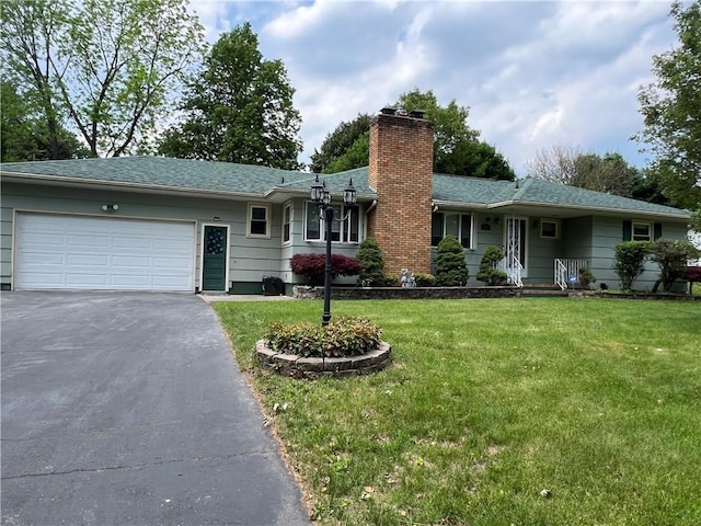 793 Helendale Rd, Irondequoit, NY 14609 - ranch-style home featuring driveway, a chimney, an attached garage, and a front yard