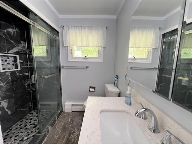793 Helendale Rd, Irondequoit, NY 14609 - bathroom featuring toilet, baseboard heating, vanity, a marble finish shower, and marble look tile flooring