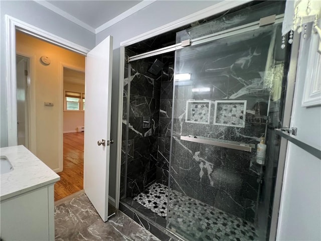 793 Helendale Rd, Irondequoit, NY 14609 - bathroom with a marble finish shower, vanity, crown molding, and marble finish floors