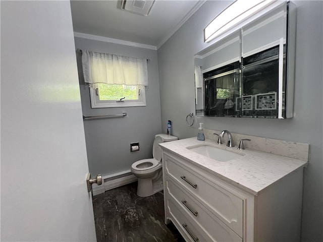 793 Helendale Rd, Irondequoit, NY 14609 - full bathroom featuring vanity, ornamental molding, marble finish flooring, toilet, and a shower