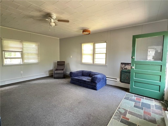 793 Helendale Rd, Irondequoit, NY 14609 - living area featuring crown molding, a baseboard radiator, ceiling fan, and carpet