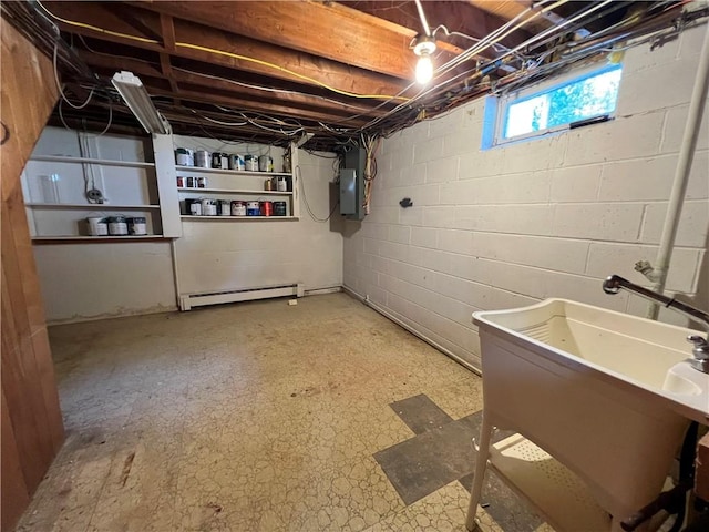 793 Helendale Rd, Irondequoit, NY 14609 - below grade area with a baseboard heating unit, electric panel, and a sink