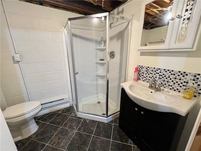 793 Helendale Rd, Irondequoit, NY 14609 - bathroom with a shower stall, vanity, toilet, baseboard heating, and concrete block wall