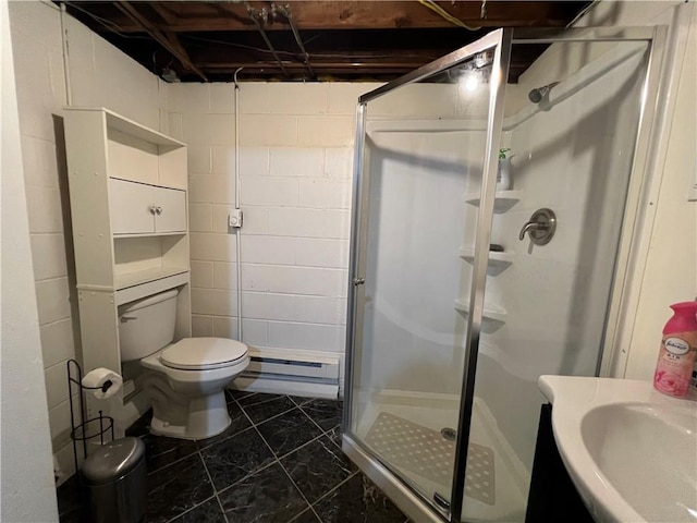 793 Helendale Rd, Irondequoit, NY 14609 - full bath with a baseboard radiator, toilet, a stall shower, concrete block wall, and vanity