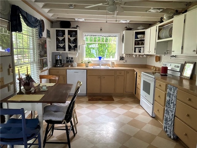 14415 Oak Orchard On The Lk, Carlton, NY 14571 - kitchen with white appliances, a sink, a ceiling fan, light floors, and open shelves