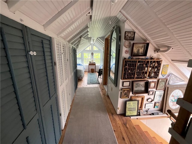 14415 Oak Orchard On The Lk, Carlton, NY 14571 - hallway featuring hardwood / wood-style floors and wooden ceiling