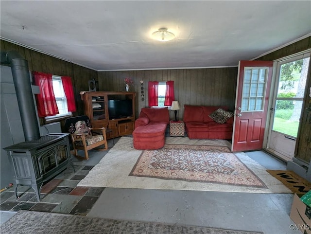 311 Raphael Ave, Salina, NY 13211 - living area with healthy amount of natural light, wood walls, and a wood stove