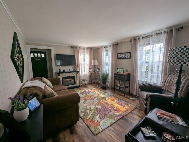 311 Raphael Ave, Salina, NY 13211 - living area featuring a glass covered fireplace, wood finished floors, crown molding, and wooden walls