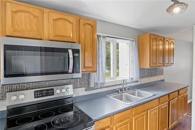 43 Hager Rd, Greece, NY 14616 - kitchen featuring appliances with stainless steel finishes, a sink, tasteful backsplash, and dark wood-type flooring