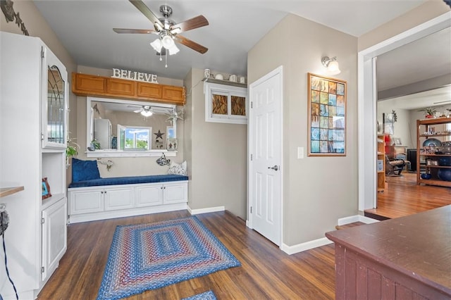 13385 Seneca St, Savannah, NY 13146 - mudroom with a ceiling fan, dark wood-type flooring, and baseboards