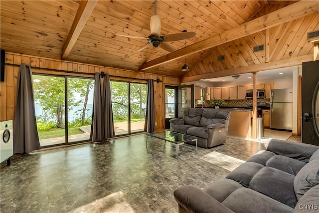 4859 Becker Ln, Lyme, NY 13693 - living room featuring plenty of natural light, a ceiling fan, wood walls, and wood ceiling