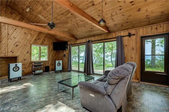 4859 Becker Ln, Lyme, NY 13693 - living area featuring plenty of natural light, wooden walls, ceiling fan, and wooden ceiling
