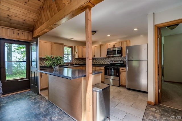 4859 Becker Ln, Lyme, NY 13693 - kitchen featuring appliances with stainless steel finishes, tasteful backsplash, dark countertops, light brown cabinetry, and a kitchen island