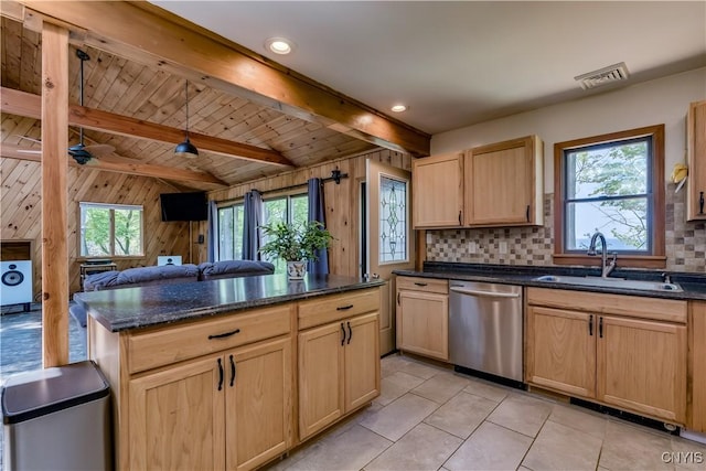 4859 Becker Ln, Lyme, NY 13693 - kitchen with dishwasher, a sink, light brown cabinets, open floor plan, and backsplash