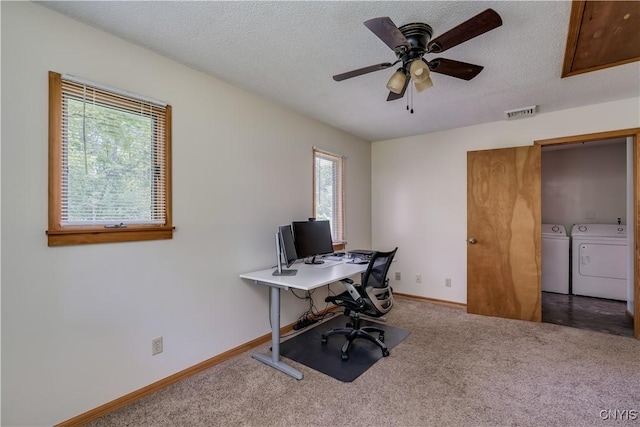4859 Becker Ln, Lyme, NY 13693 - carpeted office space with washer and dryer, a ceiling fan, baseboards, and a textured ceiling