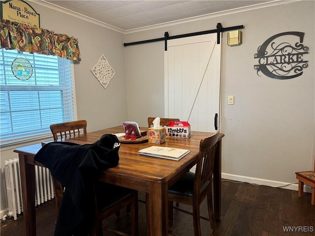 130 S 6th St, Olean-City, NY 14760 - dining area with radiator, crown molding, dark wood-type flooring, a barn door, and baseboards